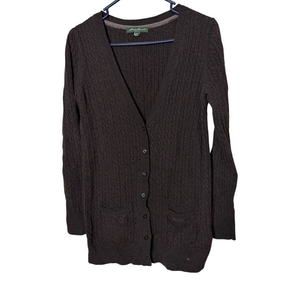 Eddie Bauer Womens Brown Cable Knit V-Neck Button Front Cardigan Sweater MT‎